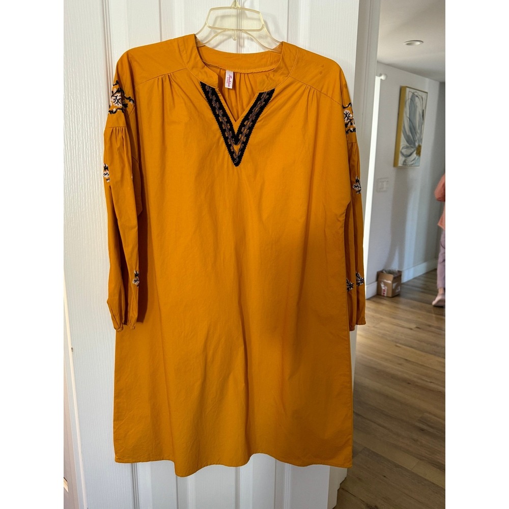 Mustard Embroidered‎ Peasant Dress Bohemian Tunic Top Long Sleeve